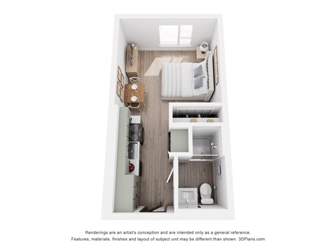 A 3D floor plan of a small apartment with a kitchen, living room, and bathroom.